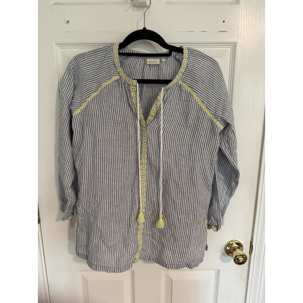 Spartina 449 Striped Tassel Blouse Size XS Blue White Boho Tunic Top